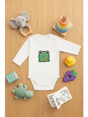 Vodexa Bebek Zıbın Çıtçıtlı Body %100 Pamuk Minik Kurbağa Baskılı