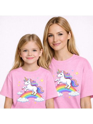 Vodexa Anne Kız Çocuk Kombin Oversize Tişört – Anne Çocuk Twin T-Shirt Unicorn Baskılı