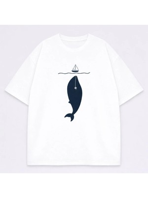 Vodexa Ünisex Oversize T-Shirt Balinalar Baskılı %100 Pamuk Tişört Rahat Kalıp