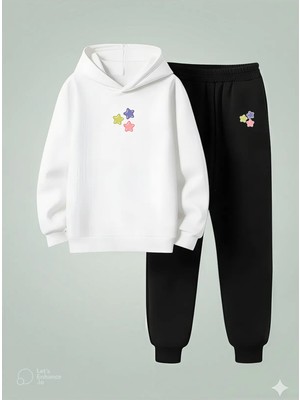 Vodexa Erkek Kız Ünisex Çocuk Kapüşonlu Takım Üç Yıldız Baskılı 3 Iplik Şardonlu Sweatshirt-Eşofman Takım