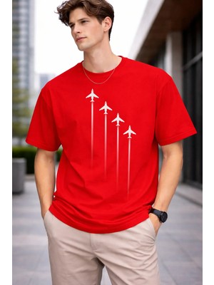 Vodexa Erkek Oversize T-Shirt 4 Uçak Baskılı %100 Pamuk Tişört Rahat Kalıp