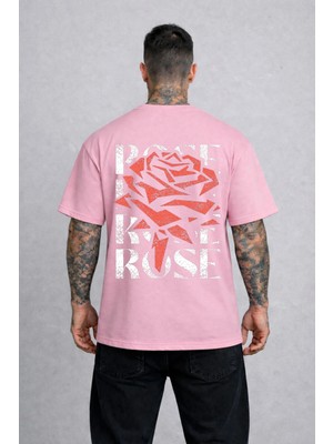 Vodexa Erkek Oversize T-Shirt Rose Baskılı %100 Pamuk Tişört Rahat Kalıp