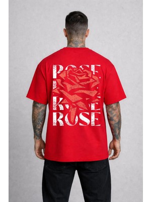 Vodexa Erkek Oversize T-Shirt Rose Baskılı %100 Pamuk Tişört Rahat Kalıp