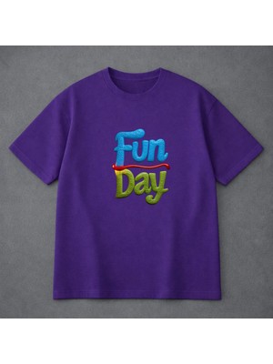 Vodexa Ünisex Oversize T-Shirt Fun Day Baskılı %100 Pamuk Tişört Rahat Kalıp