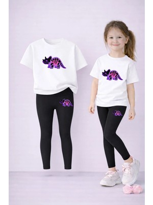 Vodexa Kız Çocuk Takım T-Shirt ve Esnek Tayt Set %100 Pamuk Küçük Dinazor Baskı – Rahat Spor Kombin