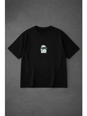 Vodexa Ünisex Oversize T-Shirt Gözlüklü Hayalet Baskılı %100 Pamuk Tişört Rahat Kalıp