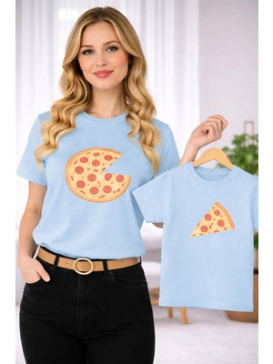 Vodexa Anne Ünisex Çocuk Kombin Oversize Tişört Twin T-Shirt Anne Cocuk Pizza Dilimi Baskılı