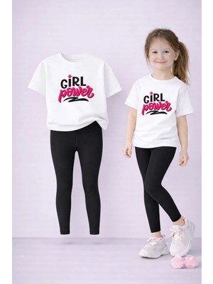 Vodexa Kız Çocuk Takım T-Shirt ve Esnek Tayt Set %100 Pamuk Girl Power Baskı – Rahat Spor Kombin