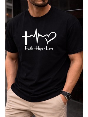 Vodexa Erkek Oversize T-Shirt Faith Baskılı %100 Pamuk Tişört Rahat Kalıp