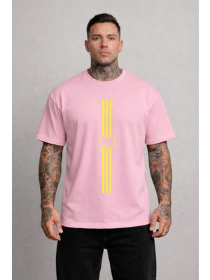 Vodexa Erkek Oversize T-Shirt Sarı Çizgi Baskılı %100 Pamuk Tişört Rahat Kalıp