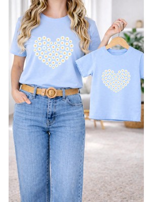 Vodexa Anne Kız Çocuk Kombin Oversize Tişört – Anne & Çocuk Twin T-Shirt Çiçek Kalp Baskılı