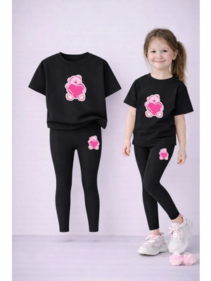 Vodexa Kız Çocuk Takım T-Shirt ve Esnek Tayt Set %100 Pamuk Kalpli Ayıcık Baskı – Rahat Spor Kombin
