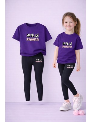 Vodexa Kız Çocuk Takım T-Shirt ve Esnek Tayt Set %100 Pamuk Panda Baskı – Rahat Spor Kombin