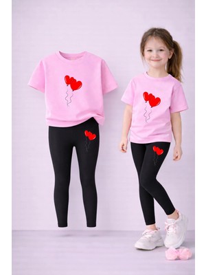 Vodexa Kız Çocuk Takım T-Shirt ve Esnek Tayt Set %100 Pamuk Kalpli Balon Baskı – Rahat Spor Kombin