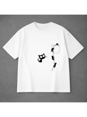 Vodexa Ünisex Oversize T-Shirt Tırmanan Kediler Baskılı %100 Pamuk Tişört Rahat Kalıp