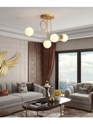 Fer Avize Jade Özel Tasarım Modern Spor Gold Renk Glop Beyaz Camlı Salon - Mutfak - Yatak Odası 4 Lü Avize