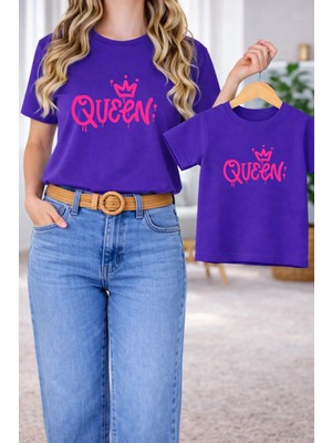 Vodexa Anne Kız Çocuk Kombin Oversize Tişört – Anne & Çocuk Twin T-Shirt Pink Queen Baskılı