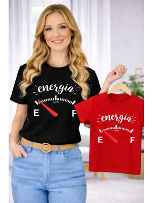 Vodexa Anne Ünisex Çocuk Kombin Oversize Tişört Twin T-Shirt Anne Cocuk Energia Baskılı