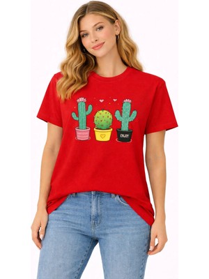 Vodexa Oversize T-Shirt Kaktüs Baskılı %100 Pamuk Tişört Rahat Kalıp