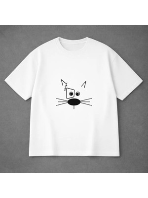 Vodexa Ünisex Oversize T-Shirt Bıyıklı Kedi Baskılı %100 Pamuk Tişört Rahat Kalıp