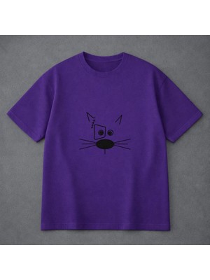 Vodexa Ünisex Oversize T-Shirt Bıyıklı Kedi Baskılı %100 Pamuk Tişört Rahat Kalıp