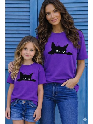 Vodexa Anne Ünisex Çocuk Kombin Oversize Tişört Twin T-Shirt Anne Cocuk Kara Kedi Baskılı Tekli