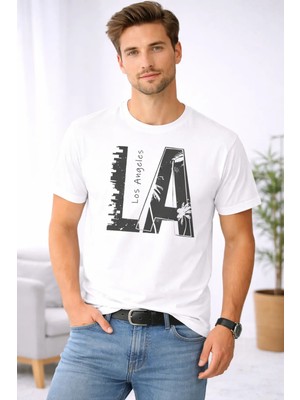 Vodexa Erkek Oversize T-Shirt La Baskılı %100 Pamuk Tişört Rahat Kalıp
