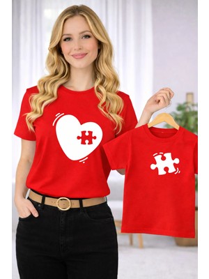 Vodexa Anne Ünisex Çocuk Kombin Oversize Tişört Twin T-Shirt Anne Cocuk Kalp Puzzle Baskılı Tekli