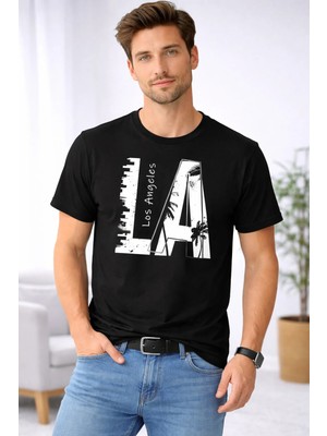 Vodexa Erkek Oversize T-Shirt La Baskılı %100 Pamuk Tişört Rahat Kalıp