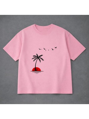 Vodexa Ünisex Oversize T-Shirt Palmiye ve Kuşlar Baskılı %100 Pamuk Tişört Rahat Kalıp