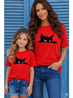 Vodexa Anne Ünisex Çocuk Kombin Oversize Tişört Twin T-Shirt Anne Cocuk Kara Kedi Baskılı Tekli