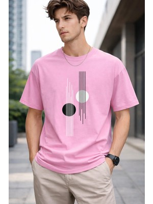 Vodexa Erkek Oversize T-Shirt Dik Çizgiler Baskılı %100 Pamuk Tişört Rahat Kalıp