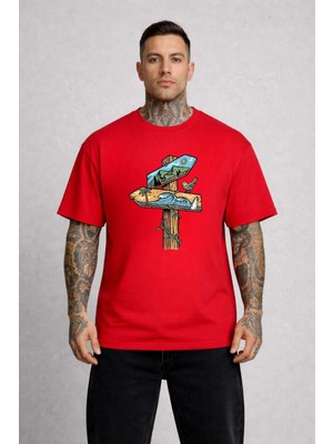 Vodexa Erkek Oversize T-Shirt Yön Tabelası Baskılı %100 Pamuk Tişört Rahat Kalıp