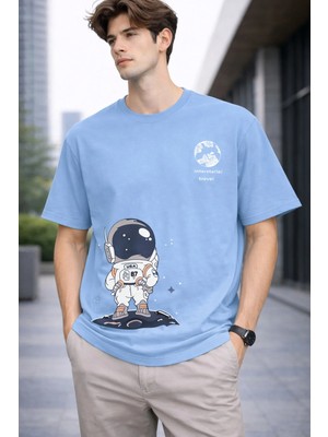 Vodexa Erkek Oversize T-Shirt Travel Astronot Baskılı %100 Pamuk Tişört Rahat Kalıp