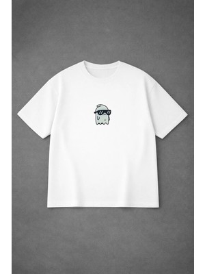 Vodexa Ünisex Oversize T-Shirt Gözlüklü Hayalet Baskılı %100 Pamuk Tişört Rahat Kalıp