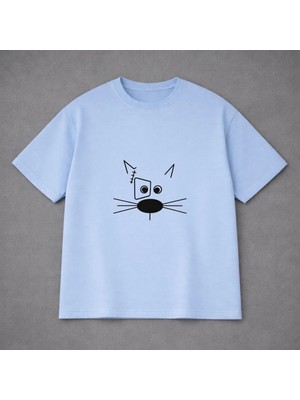 Vodexa Ünisex Oversize T-Shirt Bıyıklı Kedi Baskılı %100 Pamuk Tişört Rahat Kalıp