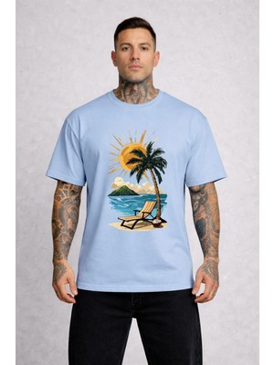 Vodexa Erkek Oversize T-Shirt Palmiya Baskılı %100 Pamuk Tişört Rahat Kalıp