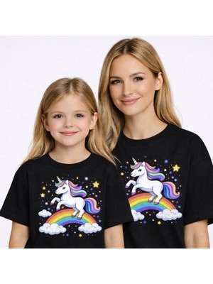 Vodexa Anne Kız Çocuk Kombin Oversize Tişört – Anne Çocuk Twin T-Shirt Unicorn Baskılı