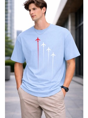 Vodexa Erkek Oversize T-Shirt 4 Uçak Baskılı %100 Pamuk Tişört Rahat Kalıp