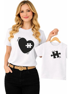 Vodexa Anne Ünisex Çocuk Kombin Oversize Tişört Twin T-Shirt Anne Cocuk Kalp Puzzle Baskılı Tekli