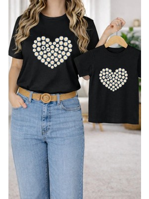 Vodexa Anne Kız Çocuk Kombin Oversize Tişört – Anne & Çocuk Twin T-Shirt Çiçek Kalp Baskılı