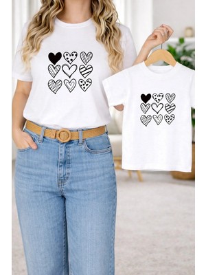 Vodexa Anne Kız Çocuk Kombin Oversize Tişört – Anne & Çocuk Twin T-Shirt Kalp Baskılı