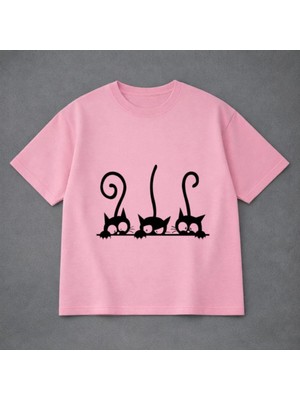 Vodexa Ünisex Oversize T-Shirt 3 Kedi Baskılı %100 Pamuk Tişört Rahat Kalıp