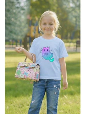 Vodexa Erkek-Kız Mavi Cat Baskılı Çocuk Tişört %100 Pamuk – Unisex Yazlık Çocuk T-Shirt