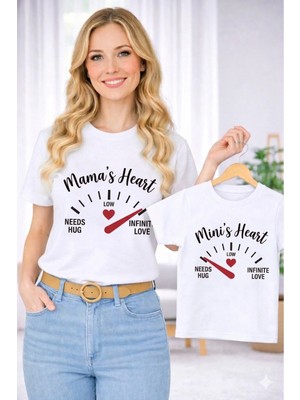 Vodexa Anne Ünisex Çocuk Kombin Oversize Tişört Twin T-Shirt Anne Cocuk Mamas Heart Baskılı