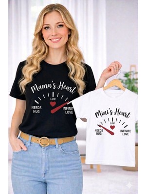 Vodexa Anne Ünisex Çocuk Kombin Oversize Tişört Twin T-Shirt Anne Cocuk Mamas Heart Baskılı