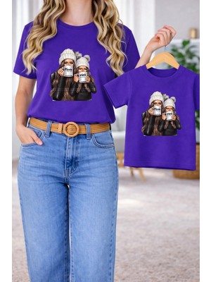Vodexa Anne Kız Çocuk Kombin Oversize Tişört Anne Çocuk Twin T-Shirt Anne Kız El Ele Baskılı
