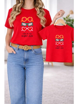 Vodexa Anne Kız Çocuk Kombin Oversize Tişört – Anne & Çocuk Twin T-Shirt Gözlükler Baskılı