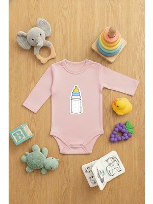 Vodexa Bebek Zıbın Çıtçıtlı Body %100 Pamuk Biberon Baskılı