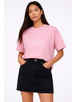 Vodexa Oversize T-Shirt Believe Baskılı %100 Pamuk Tişört Rahat Kalıp